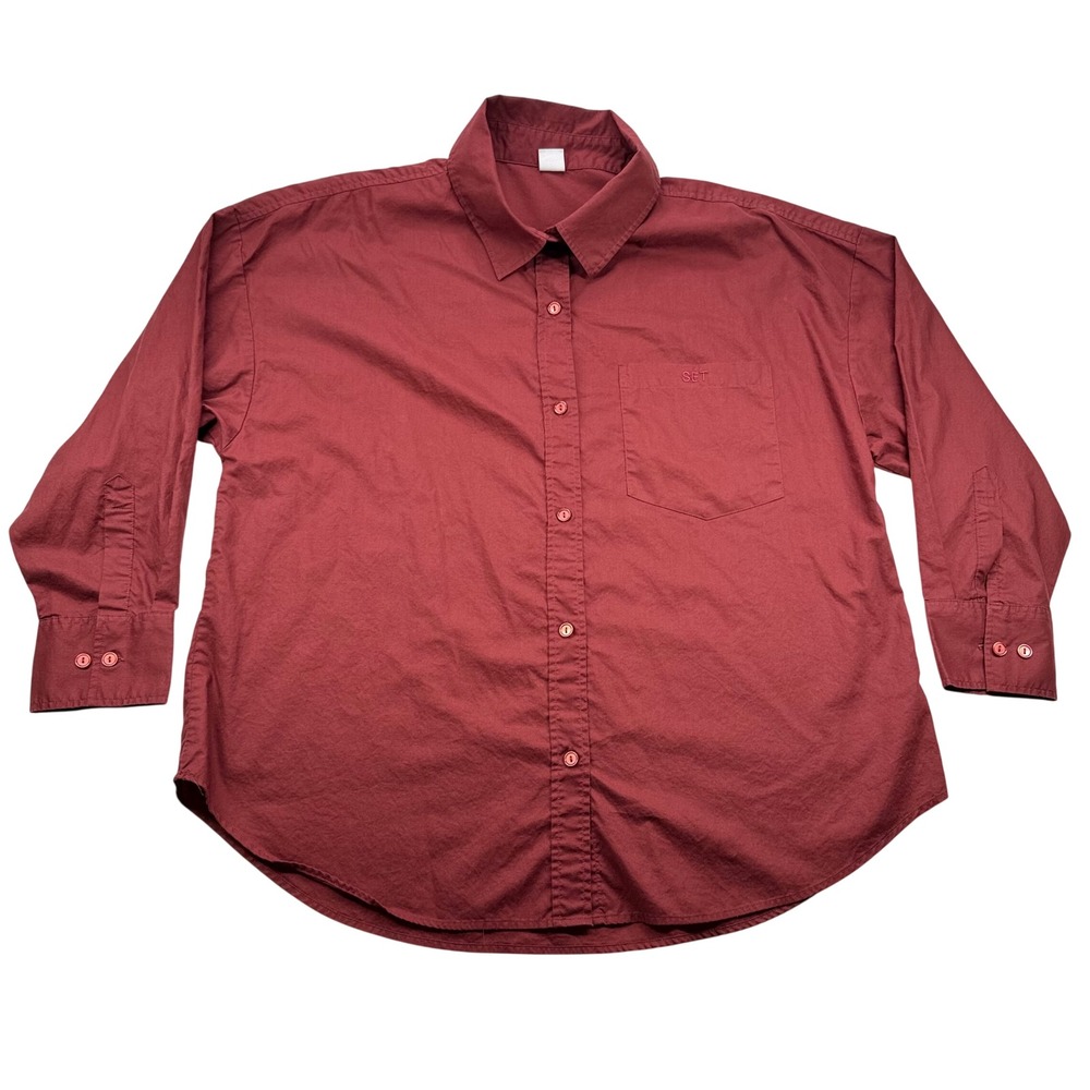SET Active Oversized Button Down Shirt Medium Maroon Cotton Lyocell Blend USA